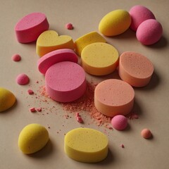 Randomly scattered yellow and pink makeup sponges on beige.