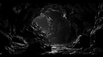Dark and mysterious cave interior with dramatic lighting and evocative atmosphere