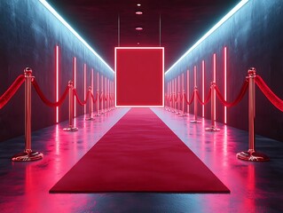 dim movie theater corridor featuring glowing blank poster immersive lighting red carpet velvet ropes classic style