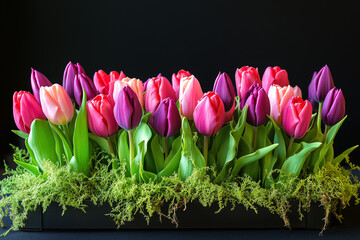 Colorful tulip display with assorted blooms in vivid pinks and purples under a clear blue sky