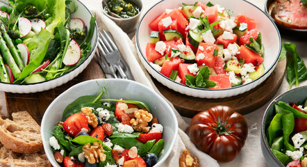 Different kinds of summer salads. Healthy lifestyle.