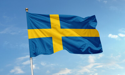 Sweden national flag waving in sky