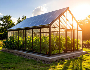 Fototapeta premium Sustainable Greenhouse with Solar Panels Eco-Friendly Gardening Solution