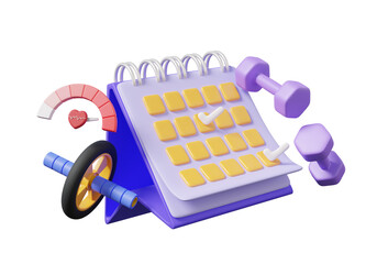 Appointment calendar mark planner management for gym fitness exercise concept. dumbbell and Roller wheel tool Heart rate on isolated background. healthy care activity sport lifestyle. 3d render 