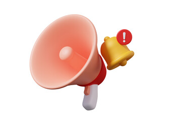 3D render icon loudspeaker megaphone with bell warning alarm emergency exclamation online social content community on isolated transparent background png.illustration element