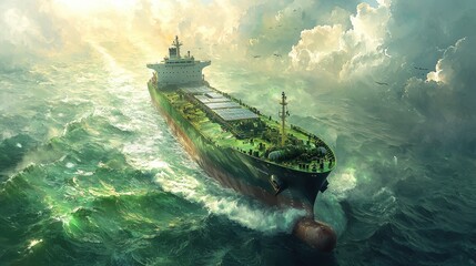 Large Cargo Ship Navigating Through Turbulent Ocean Waters at Dawn