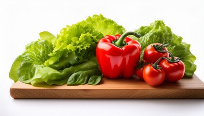 fresh vegetables like tomatoes peppers and lettuce on a wooden board ready for a healthy salad isolated on white background