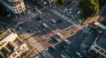 Aerial view of a bustling city intersection with diverse traffic and pedestrian activity under warm sunlight casting long shadows
