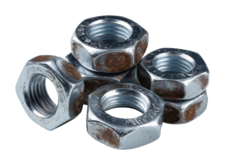 Industrial tools in focus of rusty metal nuts in workshop environment isolated on transparent background