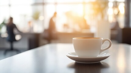 Cup of Latte Coffee on Table in a Modern Open-Plan Office with People Working in Background