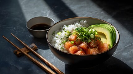 Donburi bowl with salmon, avocado, and rice advertising photography 