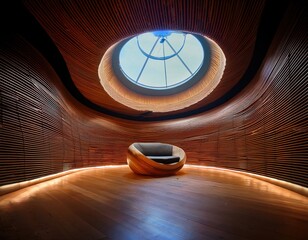 Floating music pod with curved walls, built-in acoustic treatment, and ambient ceiling light