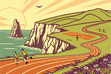 Obraz premium illustration of athletes playing football cycling 