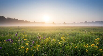 Fototapeta premium Sunrise over misty meadow with wildflowers