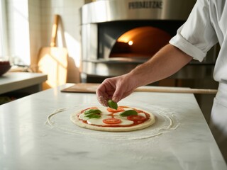 Crafting a fresh pizza with tomatoes and basil in a cozy kitchen setting