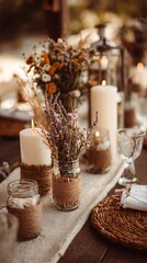 Rustic Table Setting With Flowers and Candles at Outdoor Gathering in Warm Sunlight