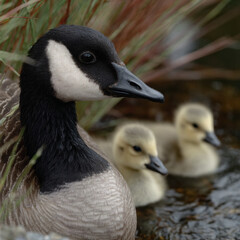 Fototapeta premium a closup of Canada goose with goslings