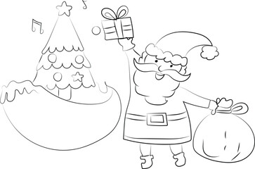 Funny cartoon Santa Claus chef with a bag of gifts and a Christmas tree, ready to cook up some holiday fun