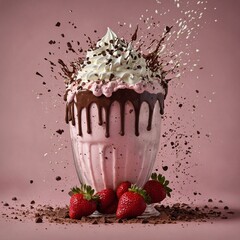 Milkshake explosion — pink strawberry blend overflowing with whipped cream and flying chocolate bits.