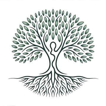 Logo minimaliste design avec un arbre en symbiose avec une figure humaine, v&eacute;hiculant l'harmonie avec la nature