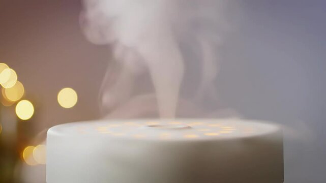 Aromatherapy diffuser emitting gentle mist with warm ambient lighting