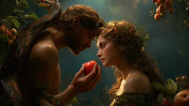 Serpent voice: Adam approach, Eve listen, fruit reach, Eden silence, sin echo, tree secret, divine gaze, sacred breach, moral lapse, exile path, faith shift, biblical message