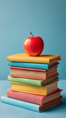 Stacked Colorful Books With a Red Apple Placed on Top for a Creative Learning Concept
