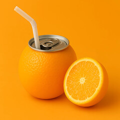 Creative Orange Juice Concept with Soda Can Lid and Straw

