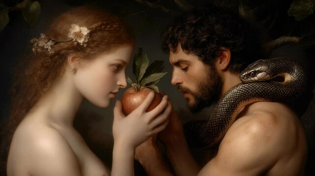 Sacred moment: Adam wander, Eve taste, snake speak, fruit shine, Eden close, guilt bloom, command test, spirit cry, myth birth, fall echo, judgment pass, belief hold