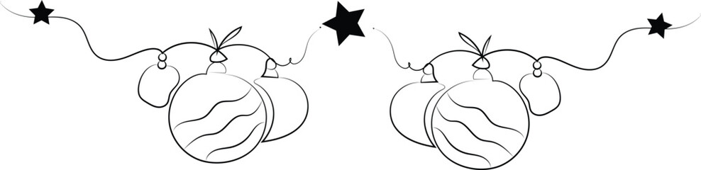 One continuous line drawing of Christmas greeting card Festive balls and baubles and star