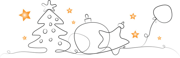 One continuous line drawing of Christmas greeting card Festive balls and baubles and star