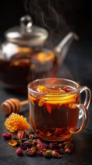 Enjoying a Warm Cup of Tea With Herbal Ingredients and Dry Fruits in a Cozy Setting.