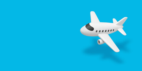 Cartoon 3d airplane. aircraft flying in blue sky, flight of white business jet, traveling, commercial airline banner. Realistic cute plane, 3D soft render. Vector background