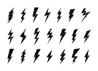 Lightning bolt. Distressed black lightning bolt icons with grunge texture. Bold electric power symbols, punk vintage rock style logos, posters and flash stickers. Vector set