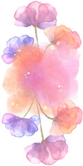 aesthetic summer background with abstract floral pattern under colorful watercolor pink & orange painting splash; vertical bright design perfect for summer advertising