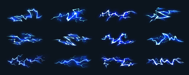 Electric thunderbolt strike. Glowing blue lightning bolt effects. Dynamic energy sparks, plasma flashes, power charge. Fantasy, sci fi magic for games, animations. Vector set