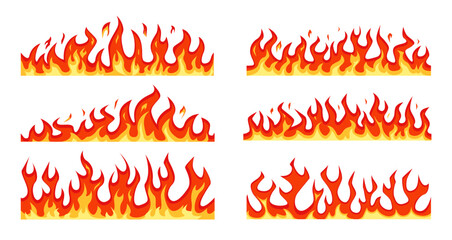 Cartoon fire borders. Seamless flame horizontal frame, blazing divider, hot flaming banner. Wildfire campfire ignite border, firestorm and flammable line, burning vector set © Ukio.stock