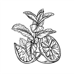 Monochrome vector citrus slices among melissa branches illustration painted by black inks. Etching drawing of lemon or lime with mint herbs for beverage branding, spa menus, healthy food packaging