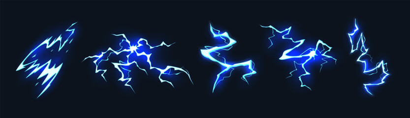Lightning strike bolt. Glowing blue electric lightning bolts with dynamic plasma flashes and sparks. Cartoon power strike effects, energy bursts. Vector isolated set