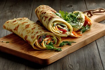 Savory vegetable crepes served on a rustic wooden board, a delightful and healthy meal.