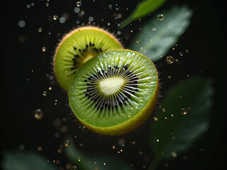 Kiwi sliced in mid-air with motion blur, on a dark background.
