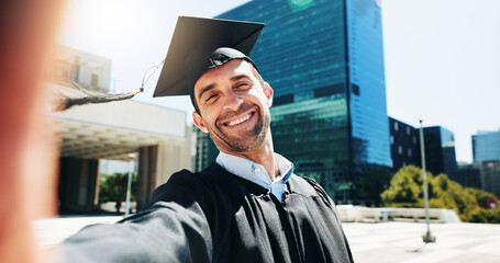 City, graduation and selfie of man student outdoor for celebration or education event. Future,...