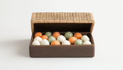 Rectangular brown clay box with colorful ball dumplings