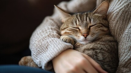 Peaceful Tabby Cat Napping in Loving Arms