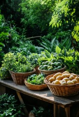 Freshly Harvested Herbs and Produce in a Vibrant Garden Setting Showcasing Natural Bounty