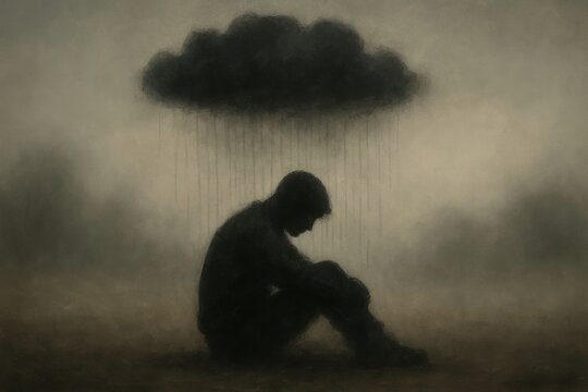 Silhouette of a sad person sitting under a dark rain cloud, symbolizing depression, loneliness, and emotional struggle.

