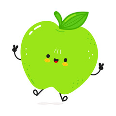 A cute, happy green Apple Character is waving peace signs and jumping, ready to play.