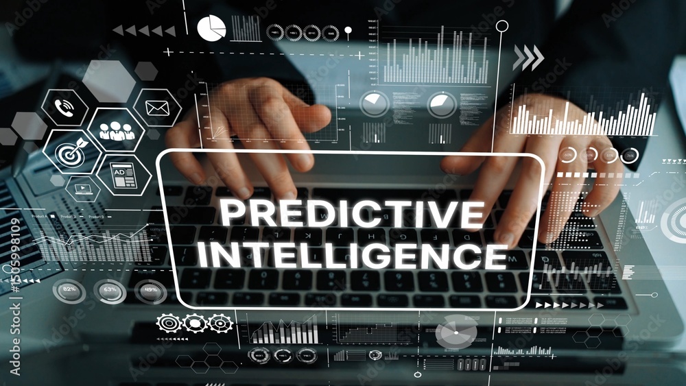 Aufkleber hands typing on laptop with data visualization background representing predictive intelligence conce