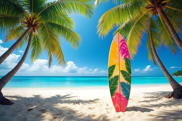 Naklejka premium Tropical Paradise with Surfboard: Beautiful Beach Scene with Palm Trees and Turquoise Water.