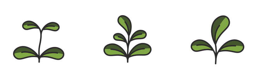 Sprout with rounded leaves in green colors. Spring, seedling and planting design elements. Isolated vector images
